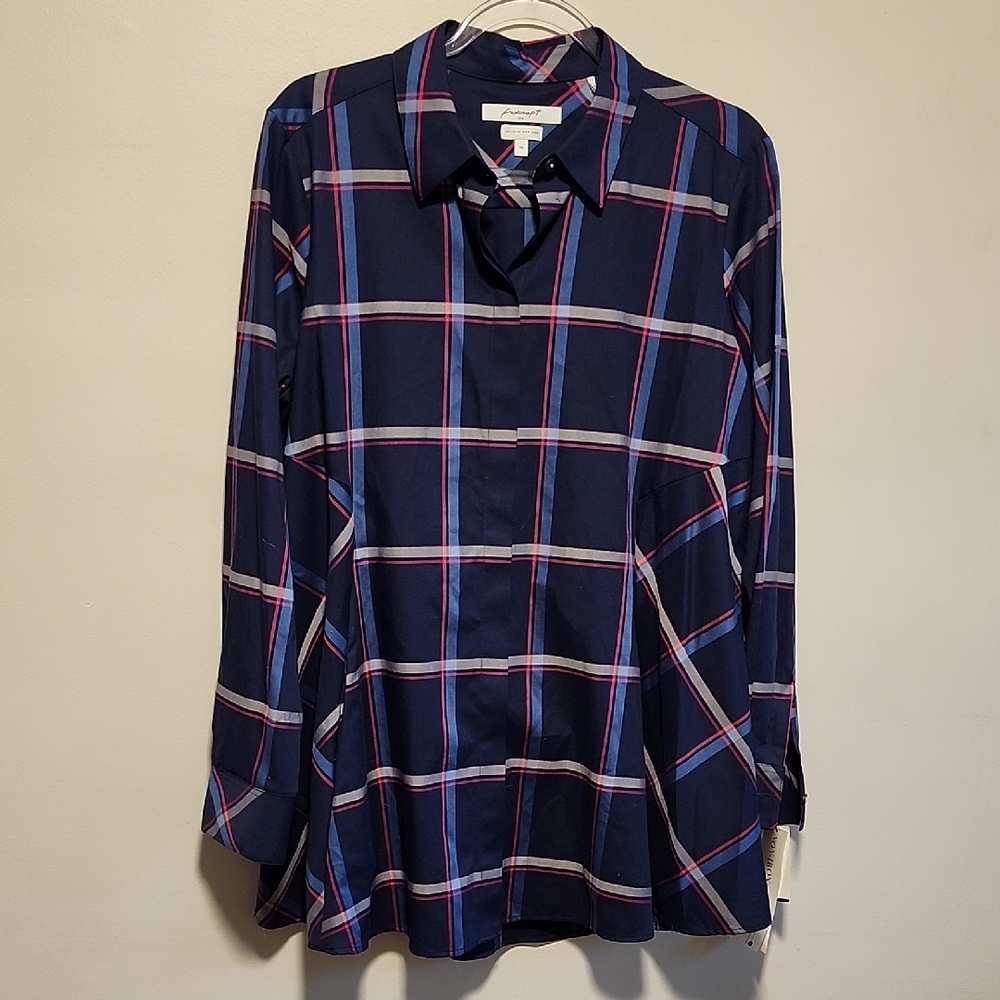 NWT Foxcroft Cici Weekend Blue and Red Plaid Button Down Tunic Shirt - Picture 6 of 8